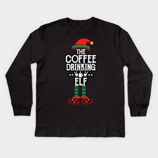 The Coffee Drinking Elf Funny Matching Family Christmas Kids Long Sleeve T-Shirt